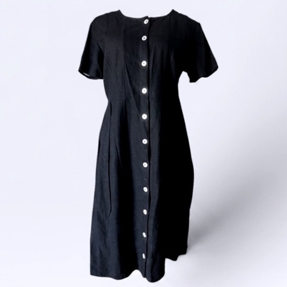 Robbie Bee Dress Women 12 Linen Blend Black Button Midi Short Sleeve Tie Back